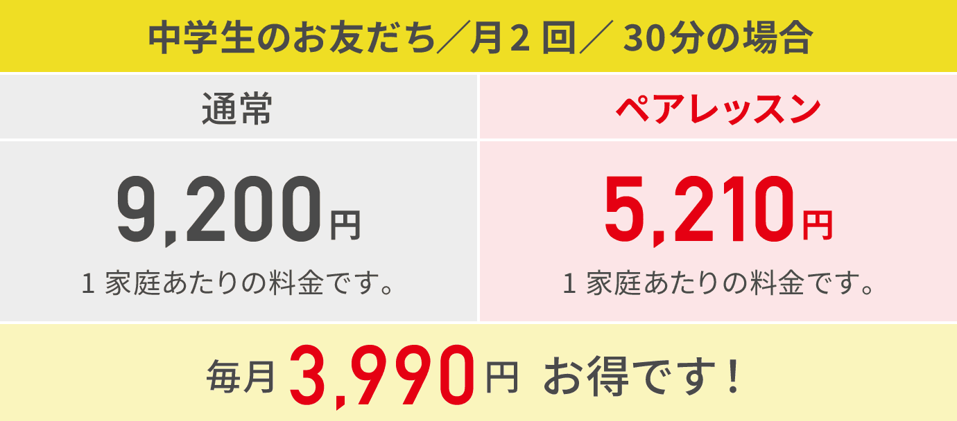 中学生のお友だち／月2回／30分の場合の価格例